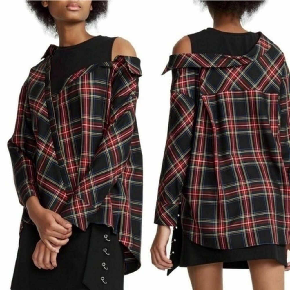 Maje Lazak Plaid Deconstructed Off-Shoulder Button Shirt Size small